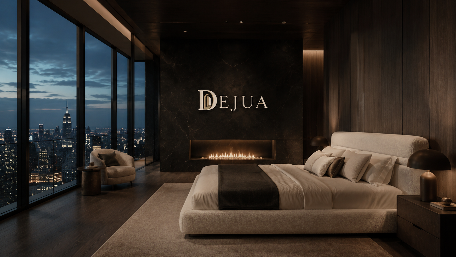 Schlafzimmer mit Stadtblick, dunklem Holz und exklusiven Textilien