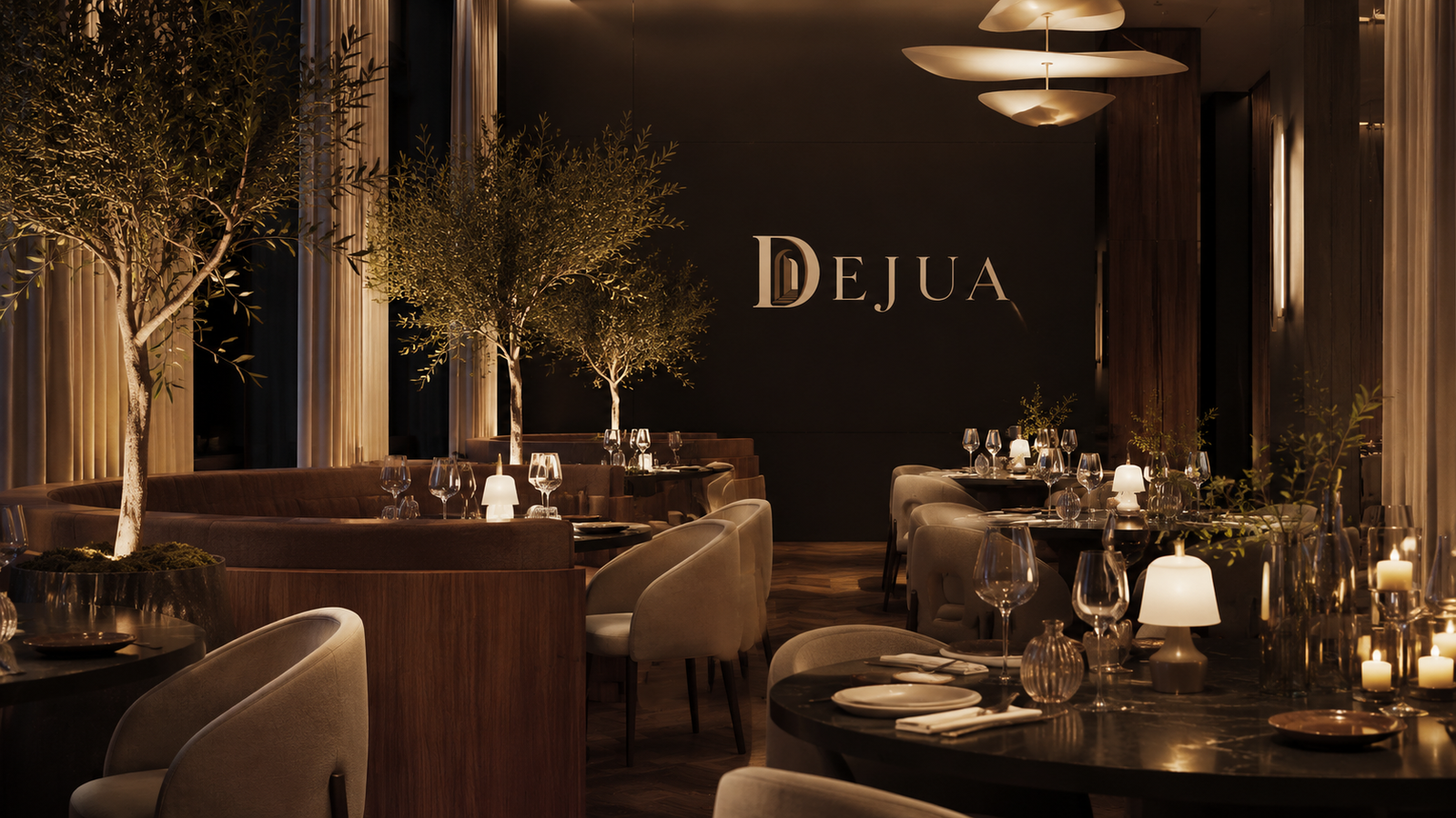 Restaurant-Lounge mit dunklem Interieur, Stein und warmem Goldlicht