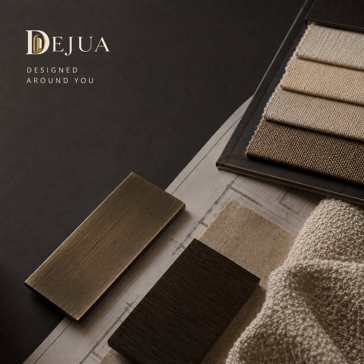 DEJUA Material-Moodboard mit Stoffmustern, Holz, Stein und warmen Oberflächen für hochwertige Interior-Konzepte