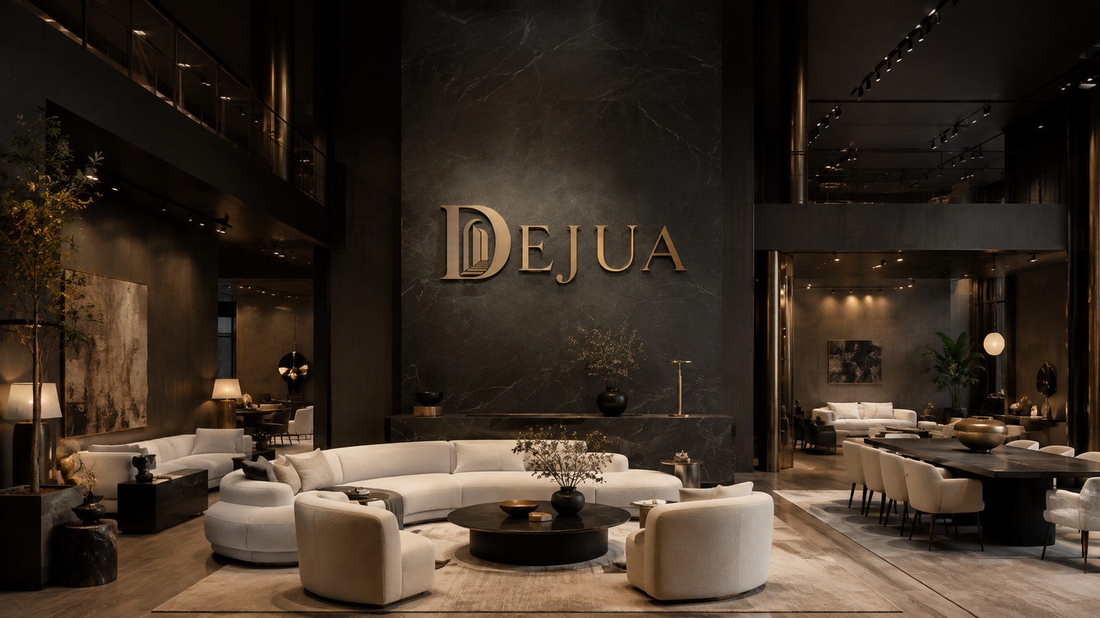 Exklusive Showroom-Lounge mit hohen Wänden und Designmöbeln