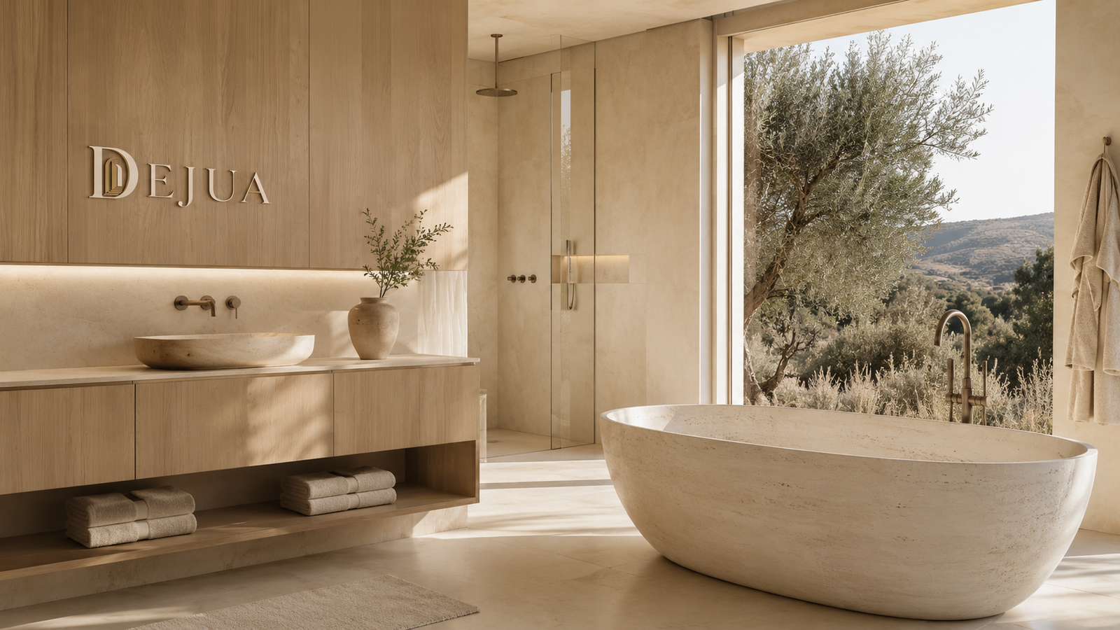 Spa-Badezimmer mit Travertin-Waschtisch und ruhigem Licht