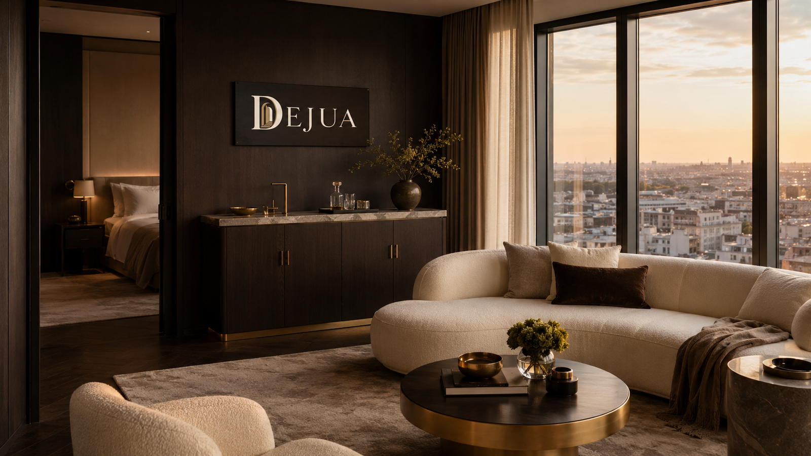 Großzügige DEJUA Penthouse-Lounge mit Stadtblick, dunklen Materialien und warmem Licht